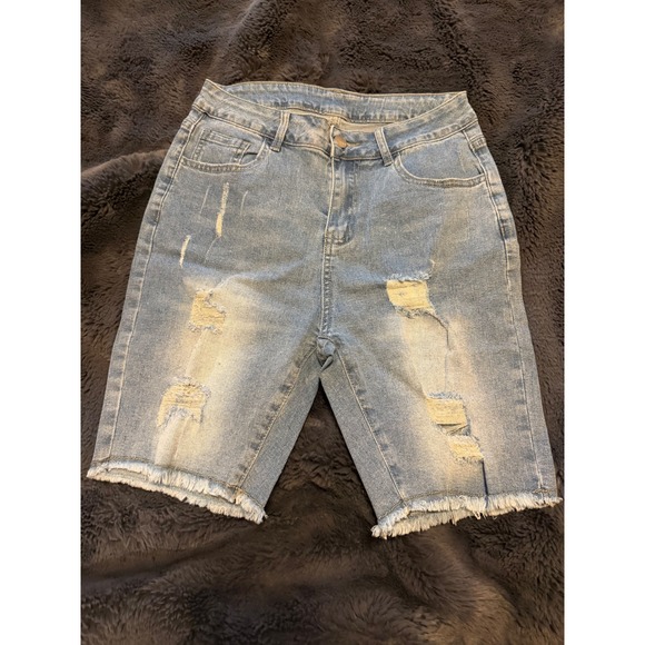 Unbranded Pants - Womens Distressed Denim Bermuda Shorts Light Wash Frayed Hem